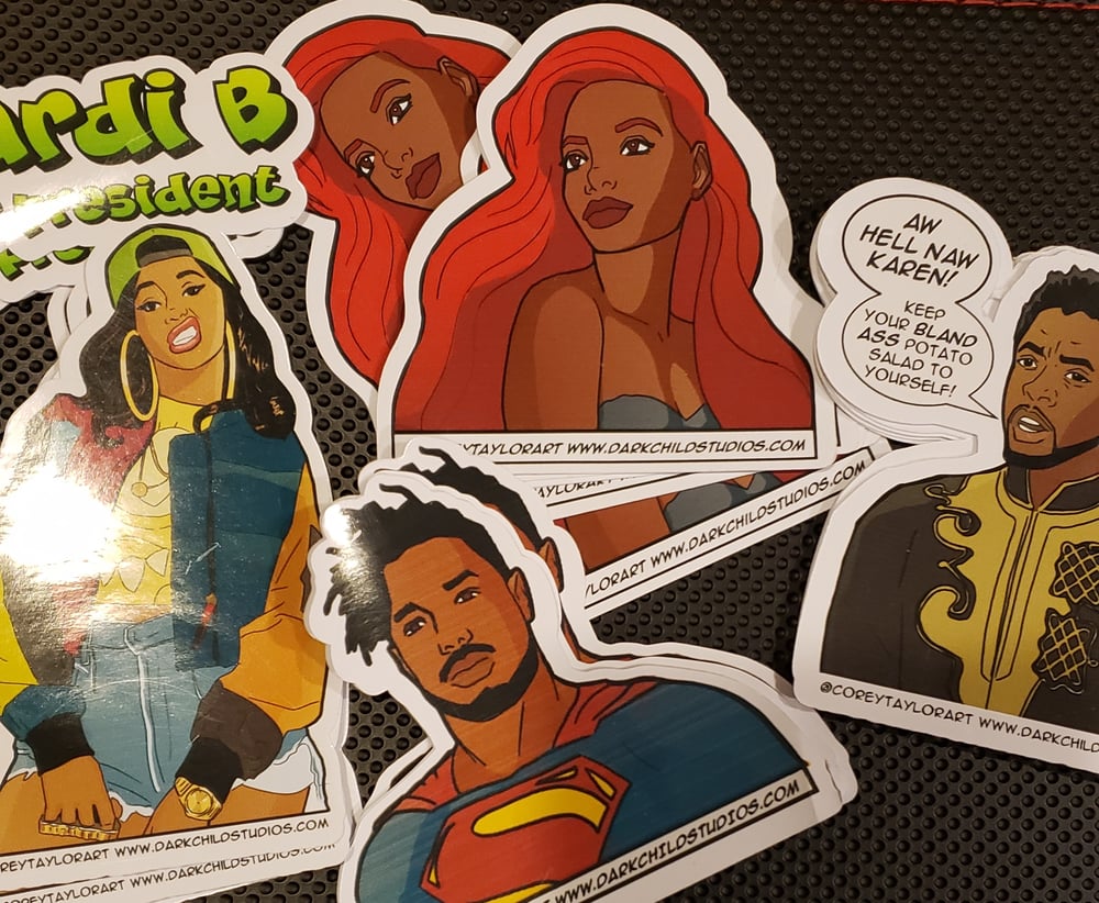 Image of Sticker Pack #1 T'challa, Cardi B for President, Black Little Mermaid, Michael B Jordan Superman