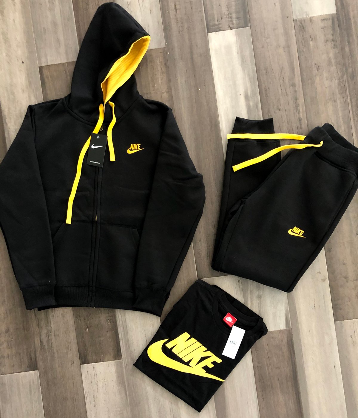 Men’s Nike Zip Up Hoodie Sweatpants Set Black/Yellow | FitsRus
