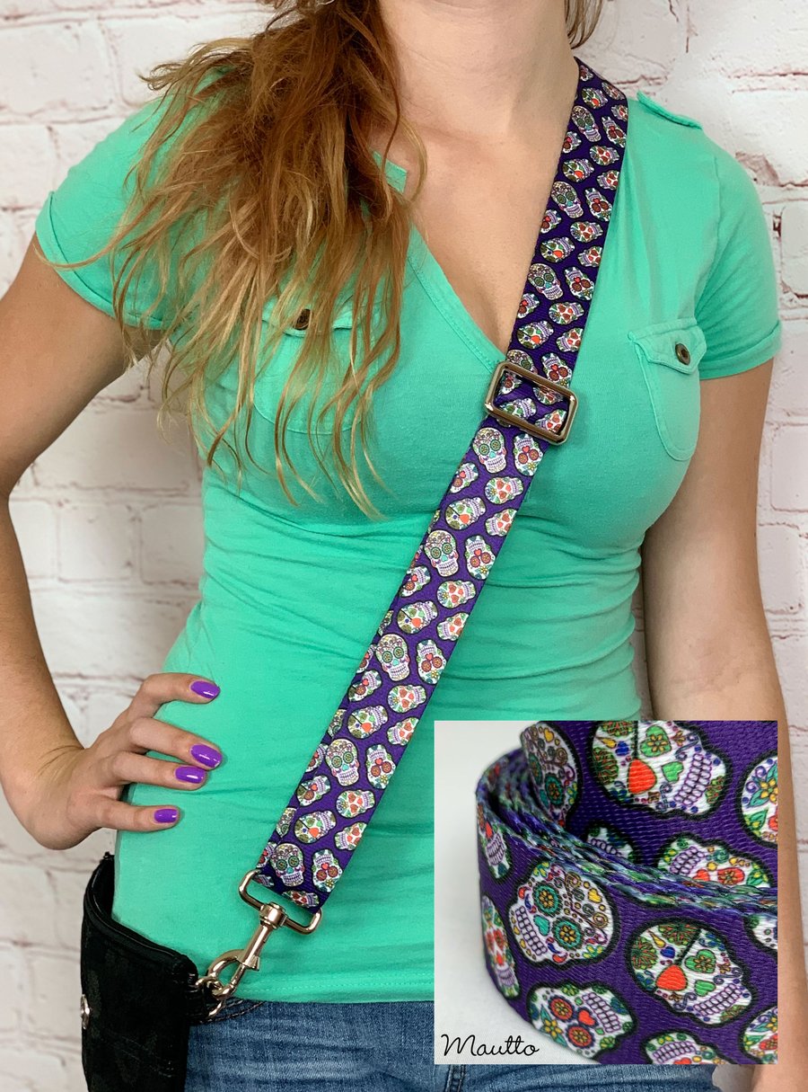 Image of Day of the Dead / Sugar Skulls Strap for Purses & Handbags - 1.5" Wide, Adjustable Length, #19 Clips