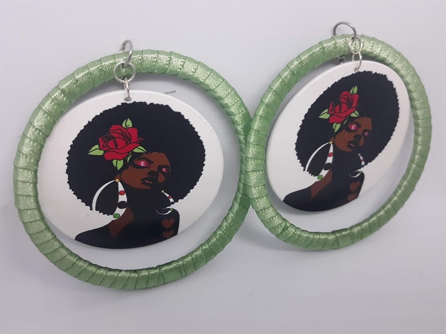 Image of Caribbean Queen, Sea Green Ribbon and Wood round, Hip Hop, Afrocentric Earrings