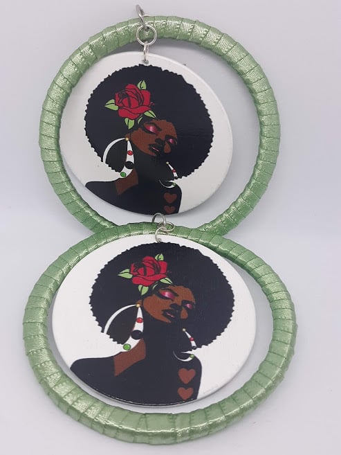 Image of Caribbean Queen, Sea Green Ribbon and Wood round, Hip Hop, Afrocentric Earrings