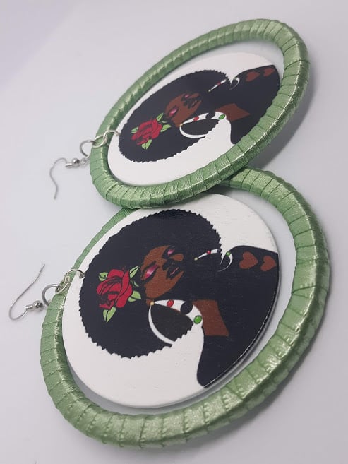 Image of Caribbean Queen, Sea Green Ribbon and Wood round, Hip Hop, Afrocentric Earrings