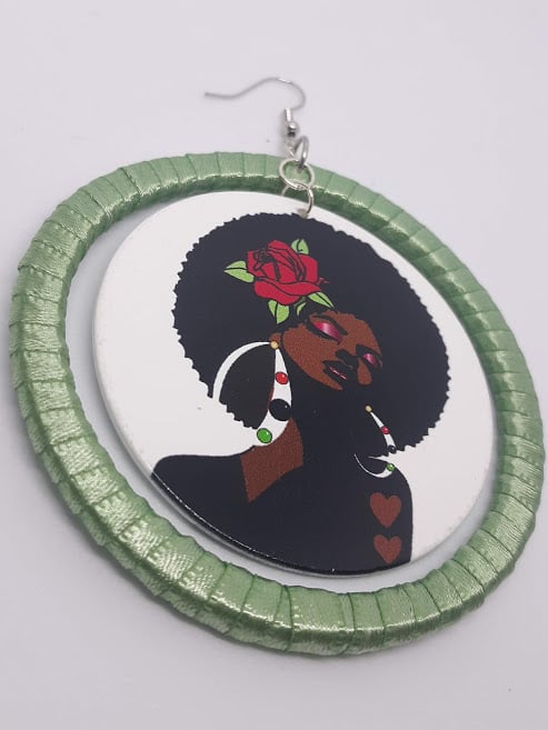 Image of Caribbean Queen, Sea Green Ribbon and Wood round, Hip Hop, Afrocentric Earrings