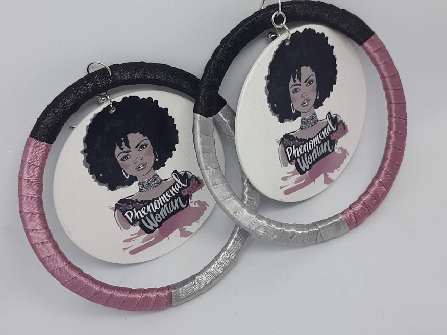 Image of Phenomenal Woman, Purple Grey, Black and Grey Ribbon and Wood, round Statement earrings