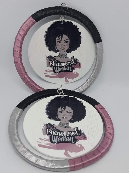 Image of Phenomenal Woman, Purple Grey, Black and Grey Ribbon and Wood, round Statement earrings