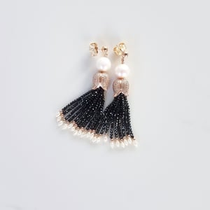White Pearl & Black Spinel Tassel Earrings 