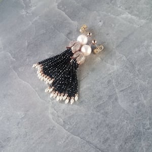 White Pearl & Black Spinel Tassel Earrings 