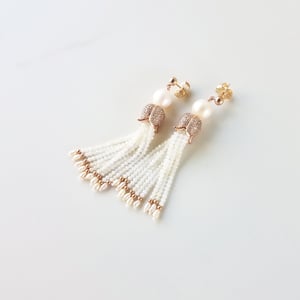 White Pearl & Moonstone Tassel Earrings