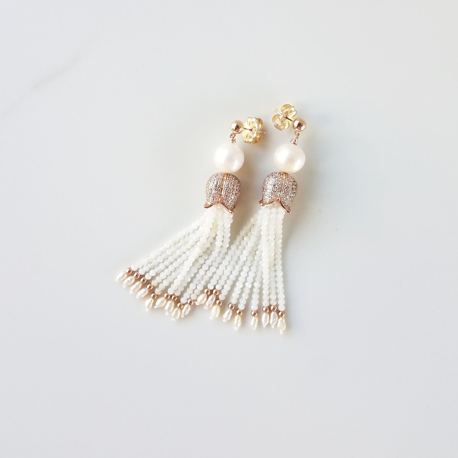White Pearl & Moonstone Tassel Earrings