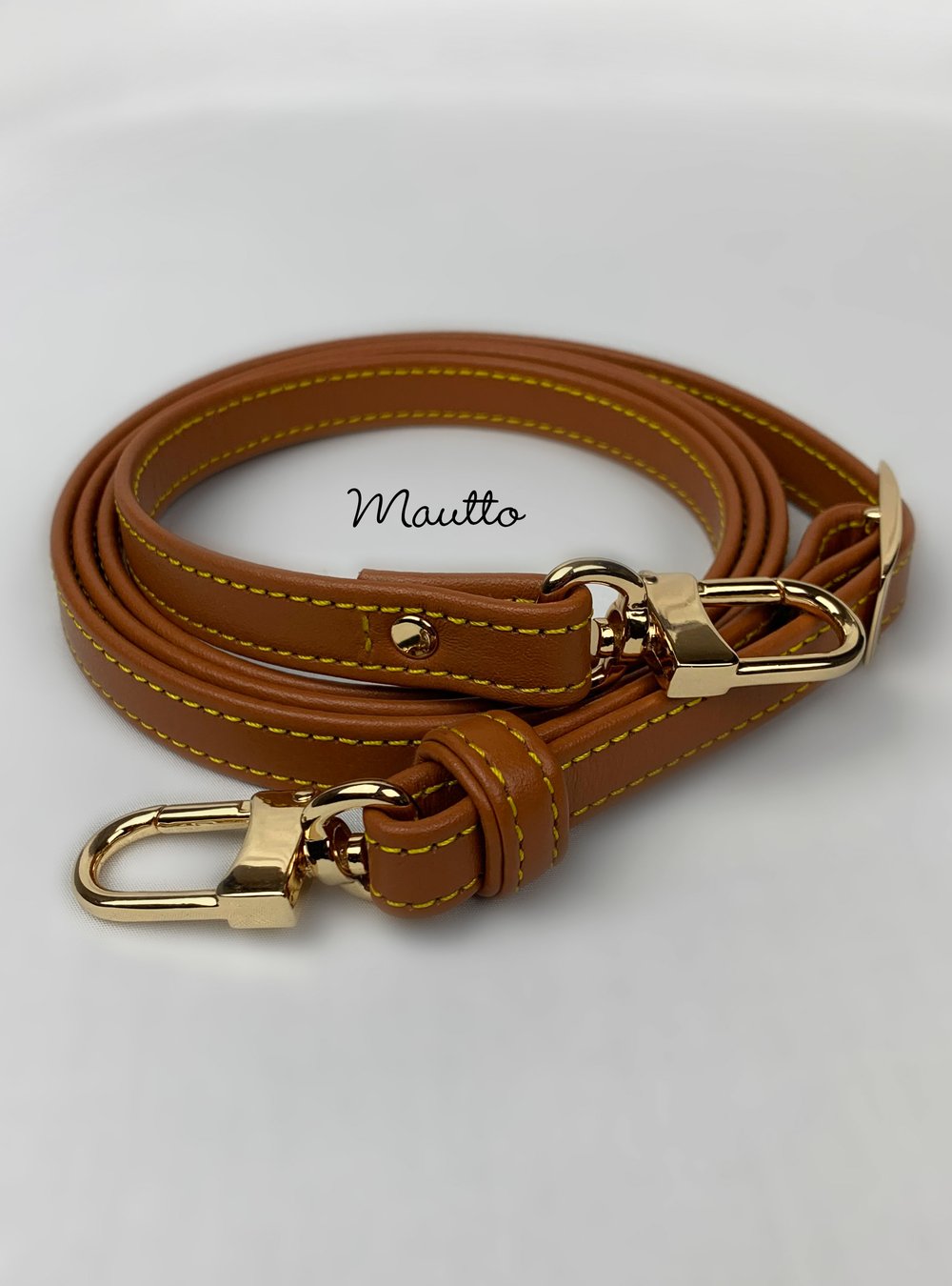 Image of Dark Tan Leather Strap with Yellow Stitching for Louis Vuitton (LV), Coach & More - .5" Petite Width