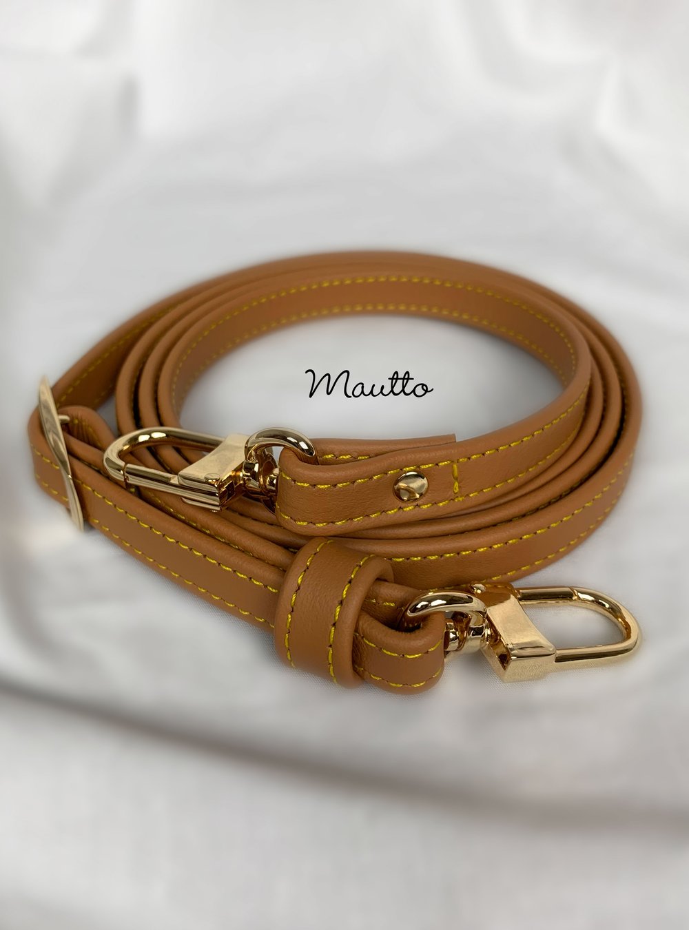 Image of Tan Leather Strap with Yellow Stitching for Louis Vuitton (LV), Coach & More - .5" Petite Width