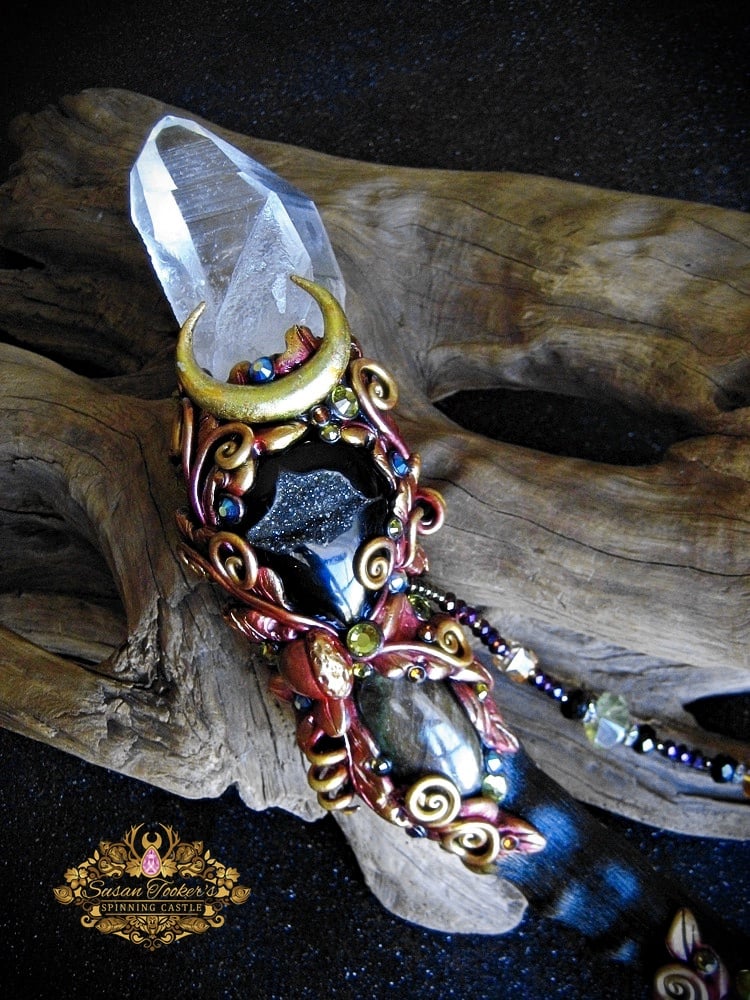 Image of FIREDANCER - Lemurian Quartz Crystal Horn Wand Black Druzy Labradorite Pagan Witch Art 
