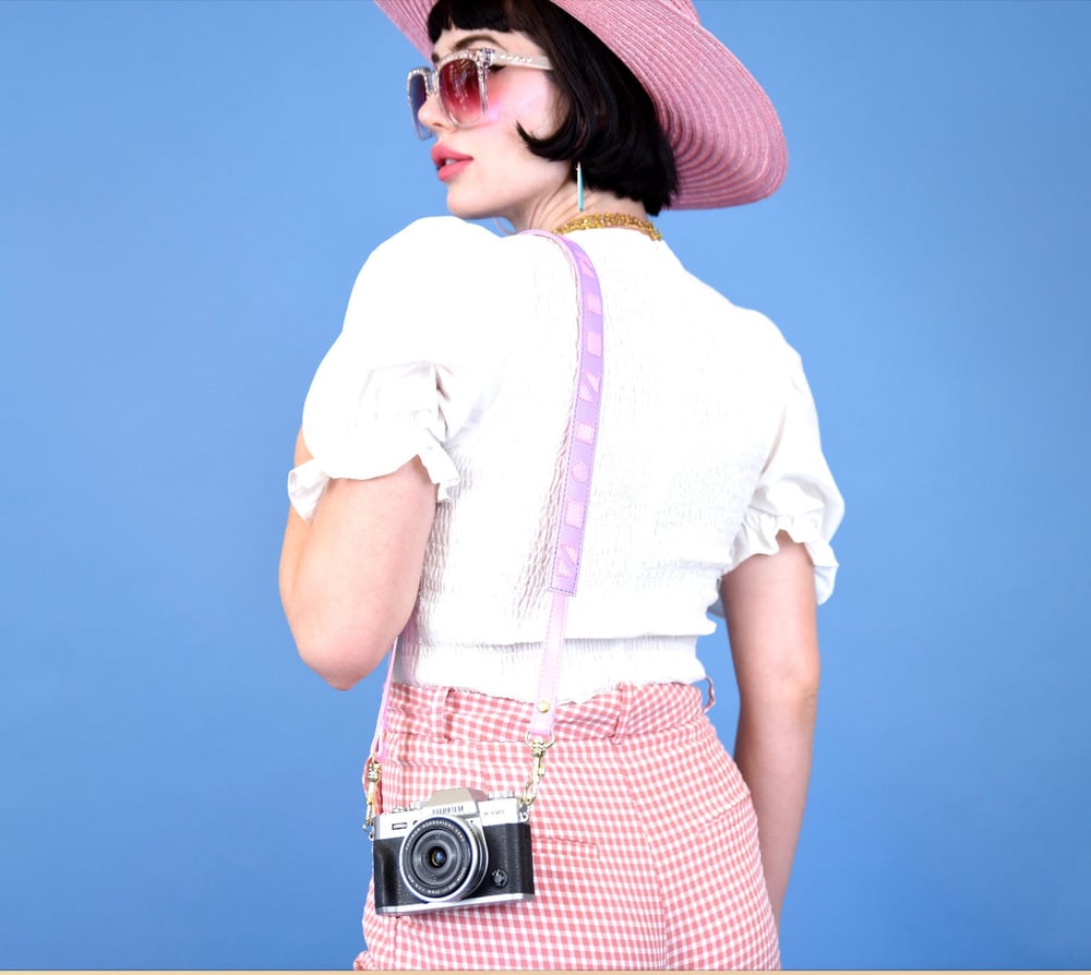 Image of Lilac retro handmade vegan camera strap by Amroi Designs purse strap too DSLR Film Camera geometric