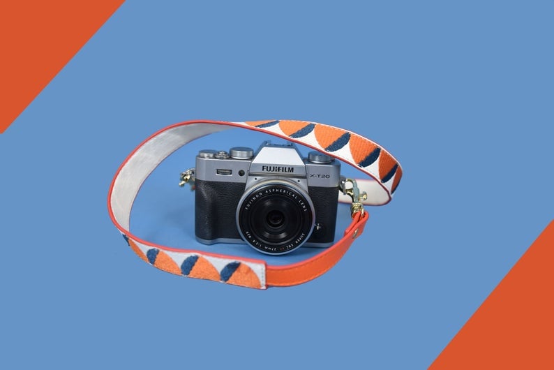 Image of 1970s style retro handmade vegan camera strap by Amroi Designs purse strap too DSLR Film Camera