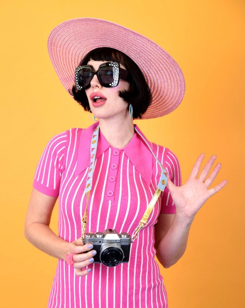 Image of The Harley blue metallics retro handmade vegan camera strap by Amroi Designs purse strap too DSLR Fi