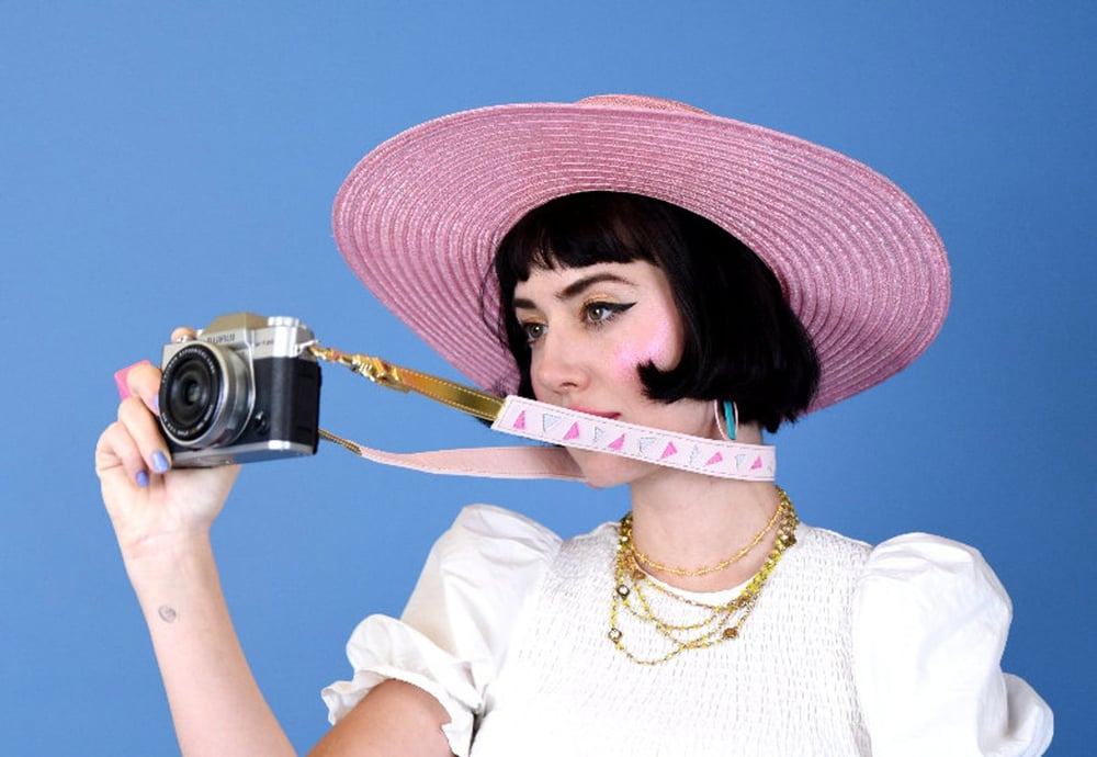 Image of The Eisley Pink retro handmade vegan camera strap by Amroi Designs purse strap too DSLR Film Camera