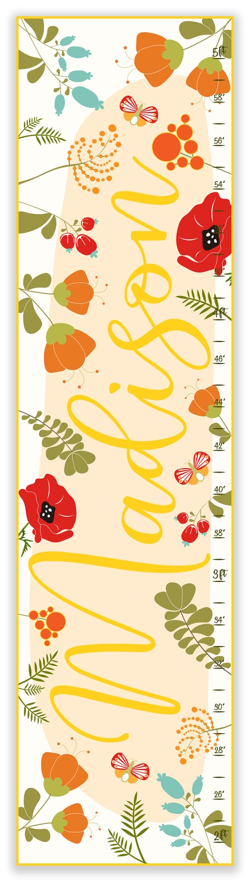 Image of Personalized Calligraphy Canvas Growth Chart - Orange Red and Yellow Flowers