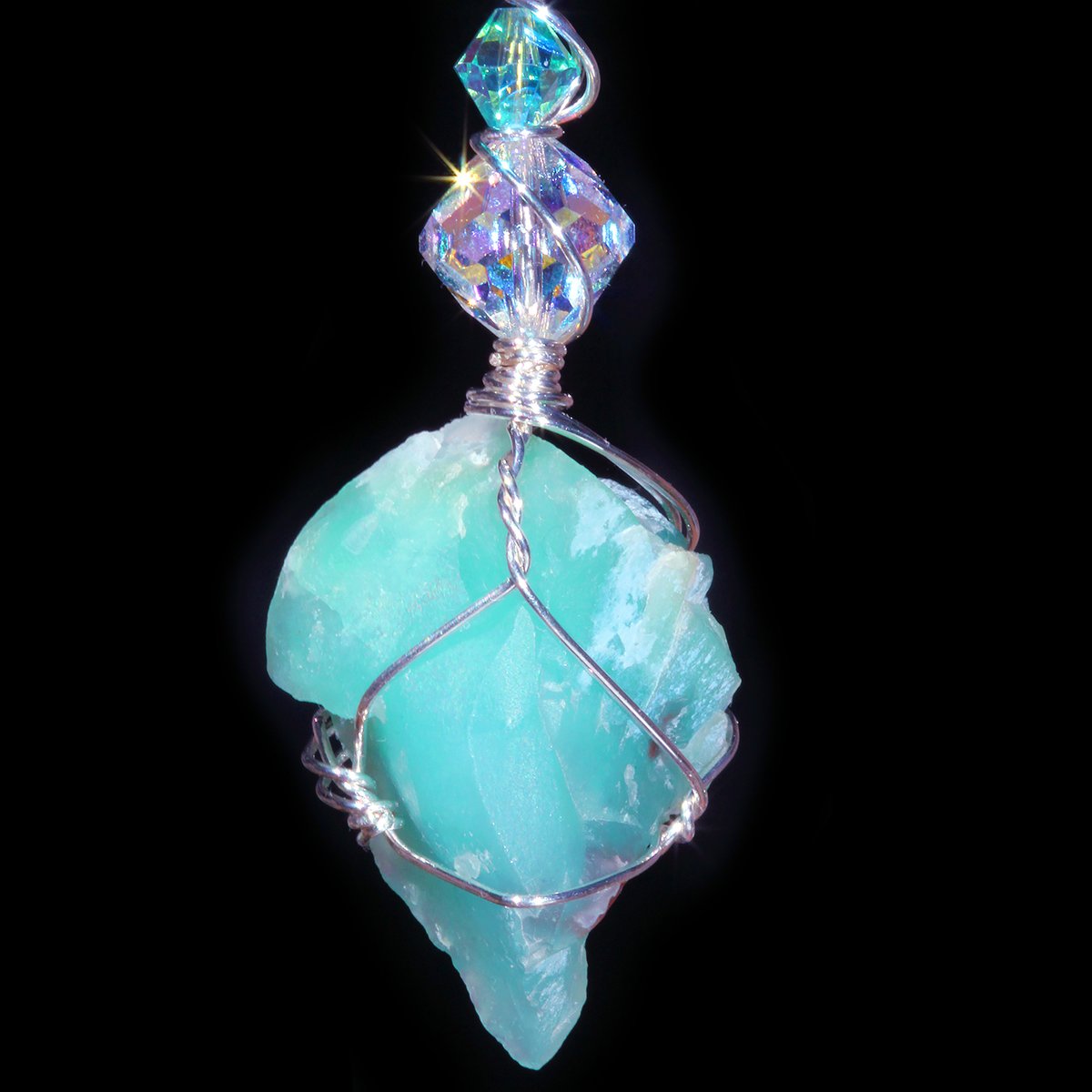 Large Aquaprase Handmade Pendant with Antique Venetian Glass Bead