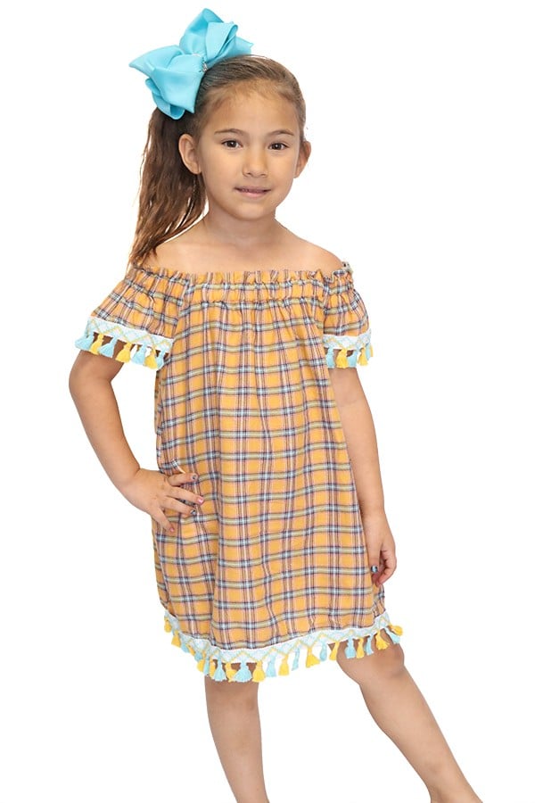 Image of YELLOW PLAID OFF SHOULDER DRESS WITH CUTE TASSEL TRIM