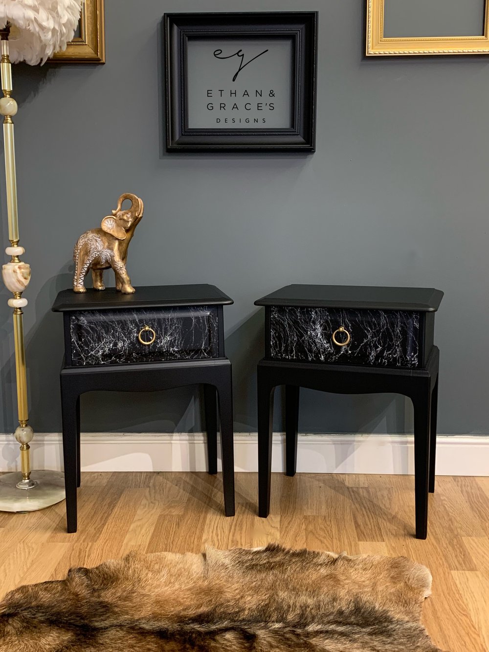 Image of Stag bedside/side tables black gold & marble.