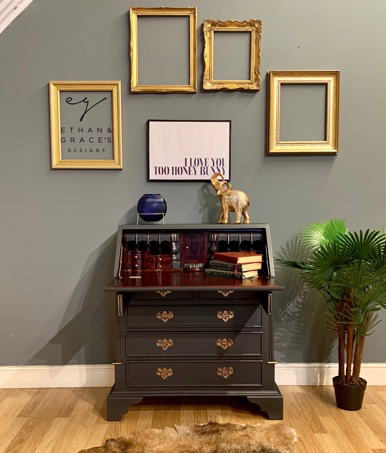 Image of Stunning dark grey and gold mahogany bureau desk