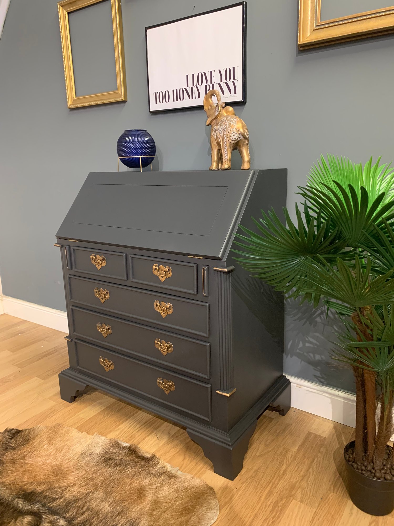 Image of Stunning dark grey and gold mahogany bureau desk