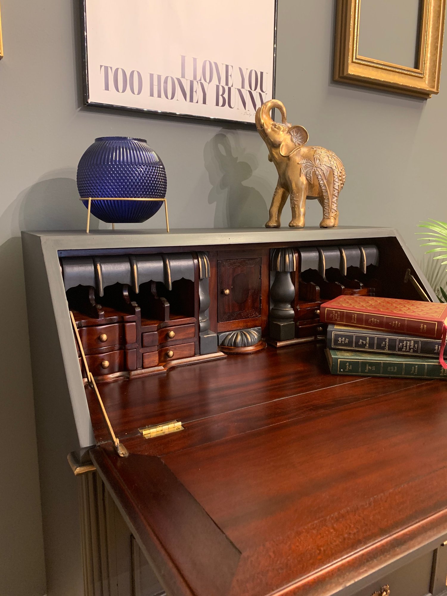 Image of Stunning dark grey and gold mahogany bureau desk