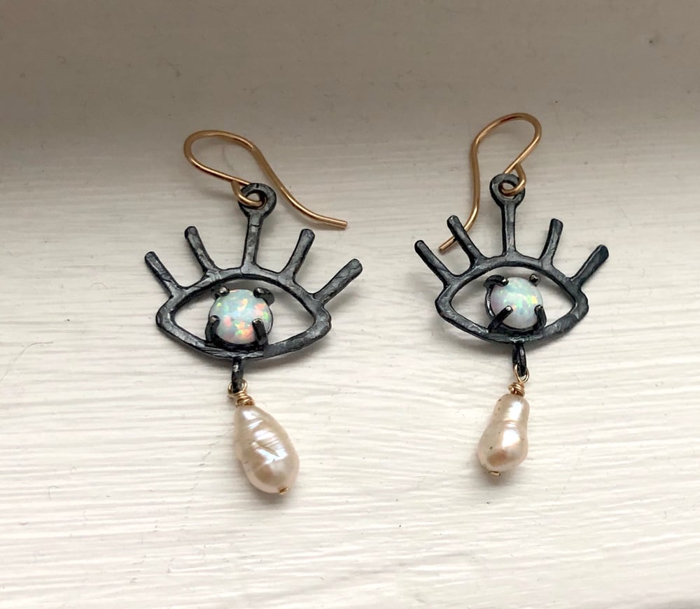 Image of Opal Eye Earrings with Pearl Tears