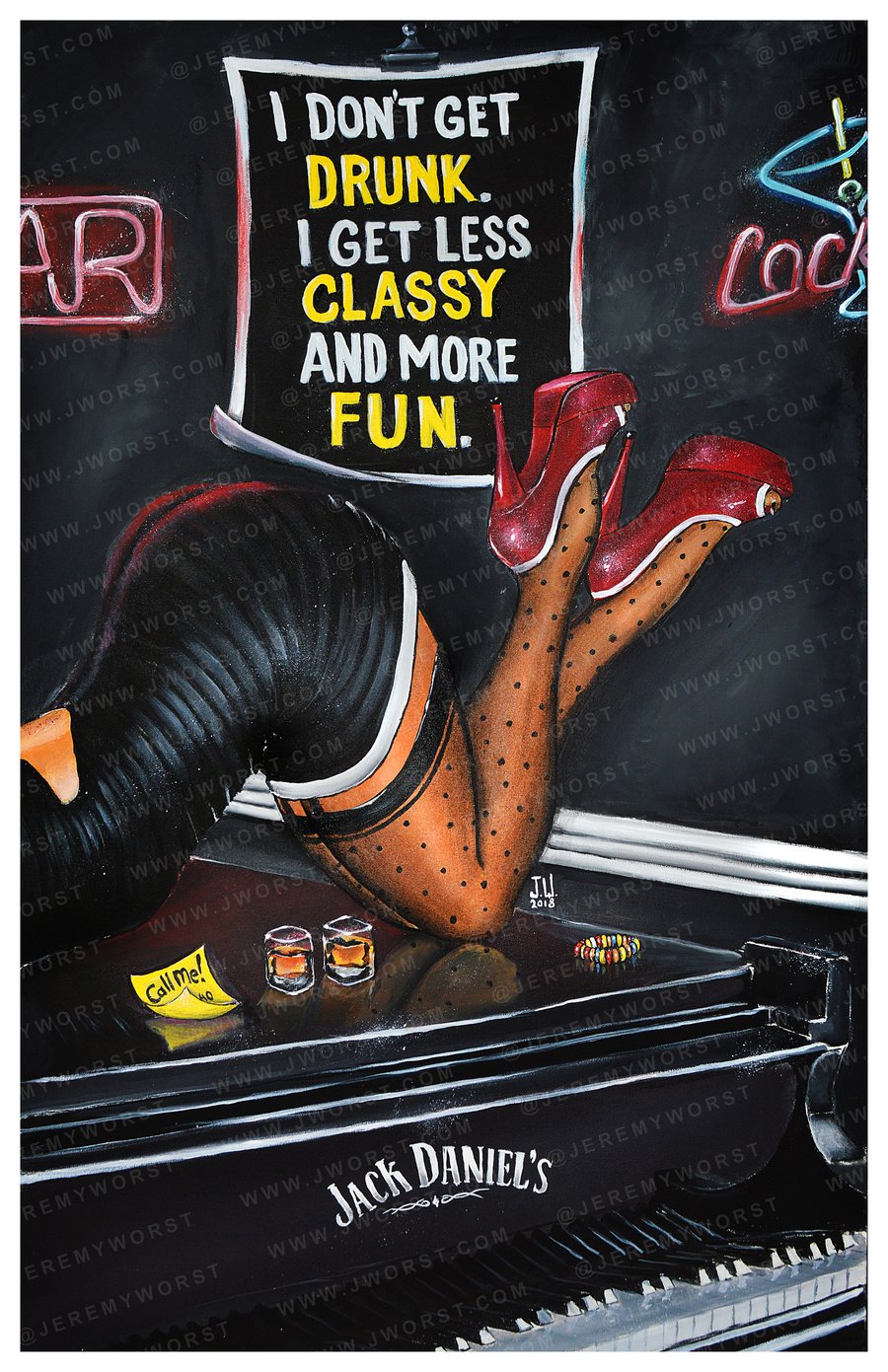Image of JEREMY WORST Call Me Original Artwork Signed Fine Art Print hot sexy woman piano fashion Jack Daniel
