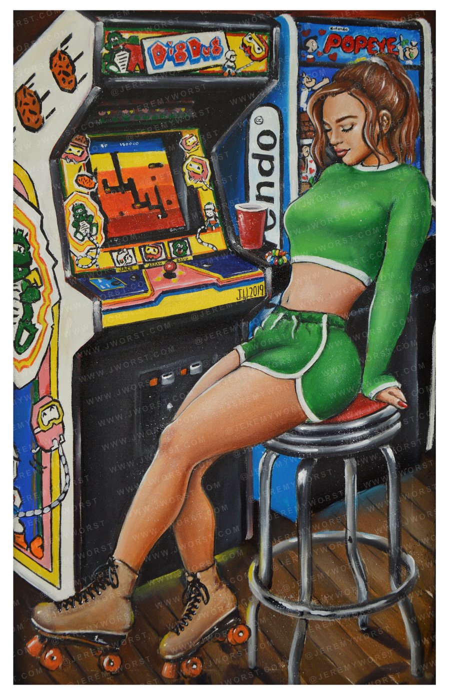 Image of Dig Dug Jeremy Worst Original Painting Arcade Series Gamer Girl Roller Skates