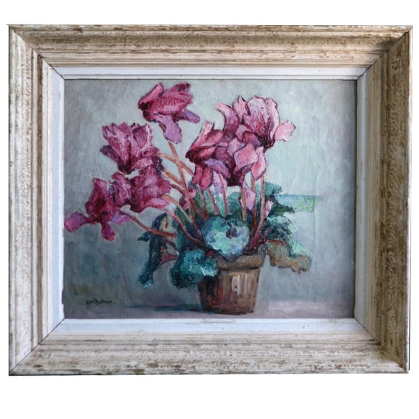 Image of 1950's Painting, 'Cyclamens,' Anne Marie Dufour