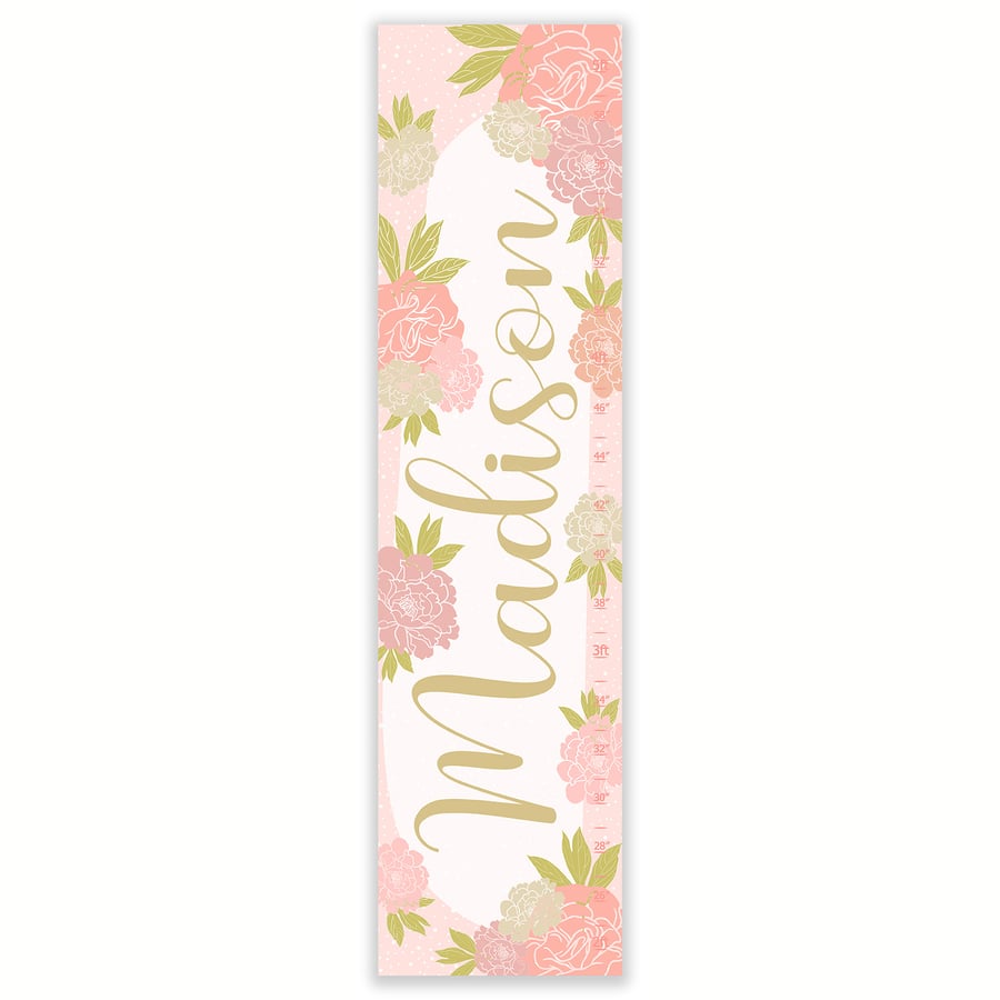 Image of Blush and Gold Calligraphy Name with Peonies - Personalized Canvas Growth Chart
