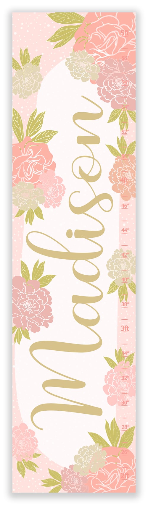 Image of Blush and Gold Calligraphy Name with Peonies - Personalized Canvas Growth Chart