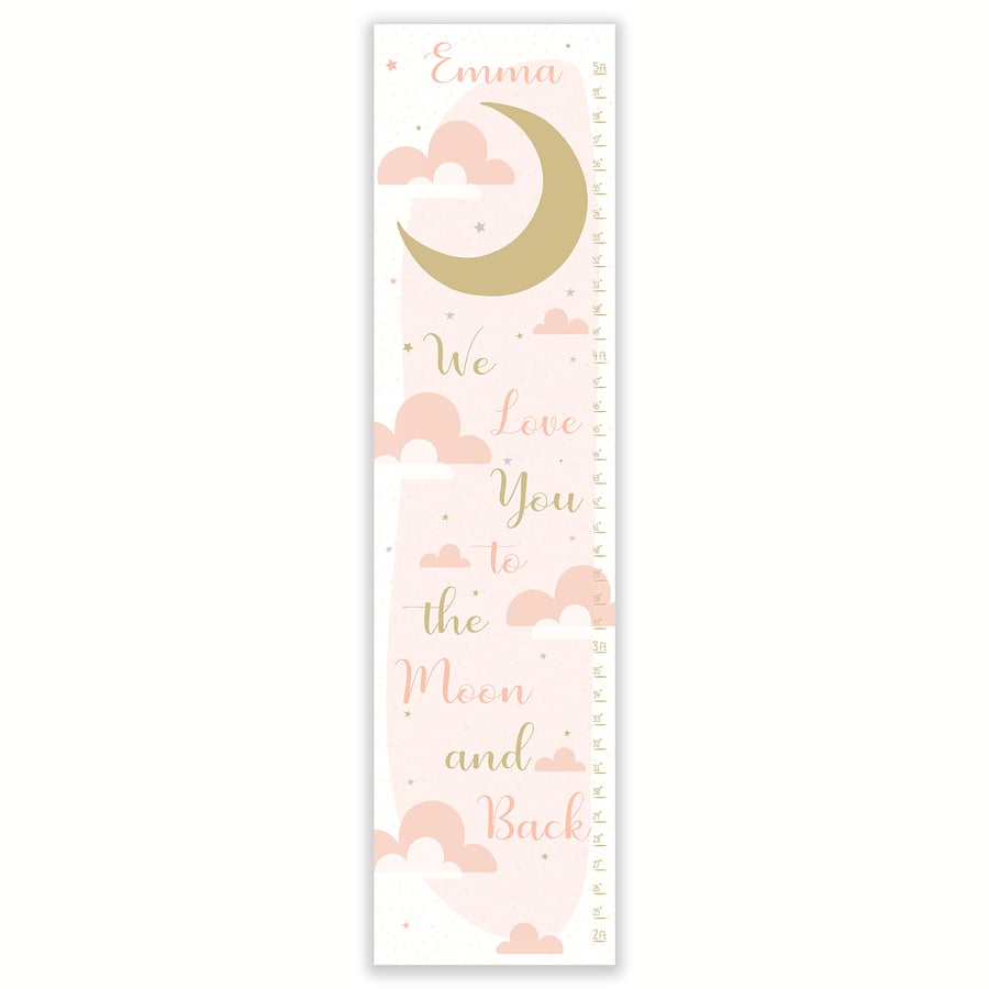 Image of We Love You to the Moon and Back - Personalized Blush and Gold Canvas Growth Chart