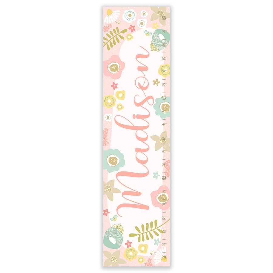 Image of Modern Floral Calligraphy Name - Personalized Blush Pink Canvas Growth Chart