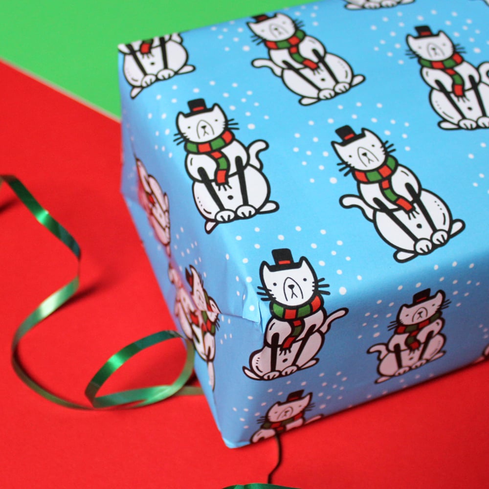 Image of Christmas 'Snowcat' luxury wrapping paper - snowman cat - a2 gift wrap sheets