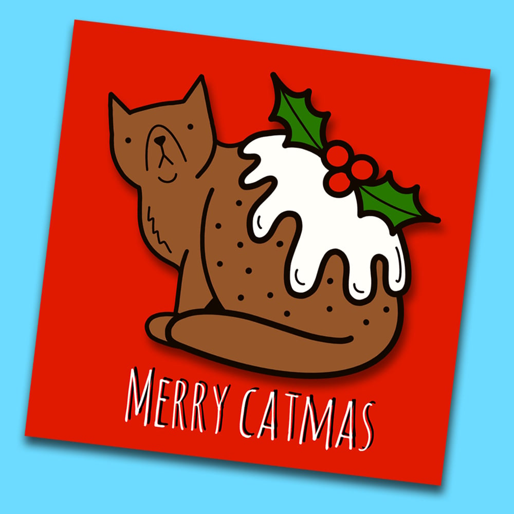 Image of Christmas Pud-dy Cat, Funny Xmas Card - Christmas Pudding - Foodie Card - Cat Greetings Card