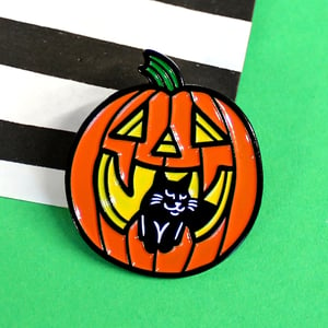 Image of Pumpkin and black cat, enamel pin - halloween pin - witchy pin - black cat - lapel pin badge
