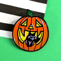 Image 1 of Pumpkin and black cat, enamel pin - halloween pin - witchy pin - black cat - lapel pin badge