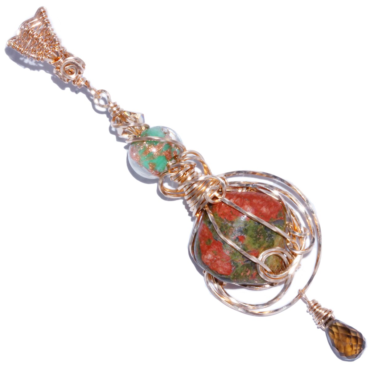 Unakite Handmade Bronze Wire Wrapped Pendant 