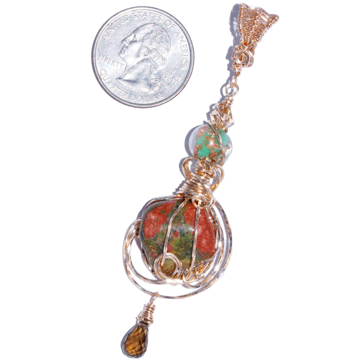 Unakite Handmade Bronze Wire Wrapped Pendant 