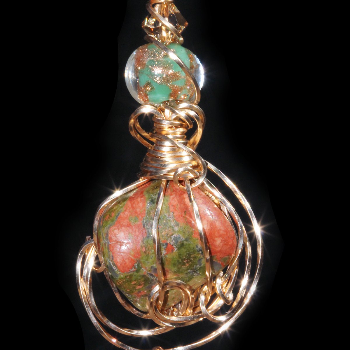 Unakite Handmade Bronze Wire Wrapped Pendant 