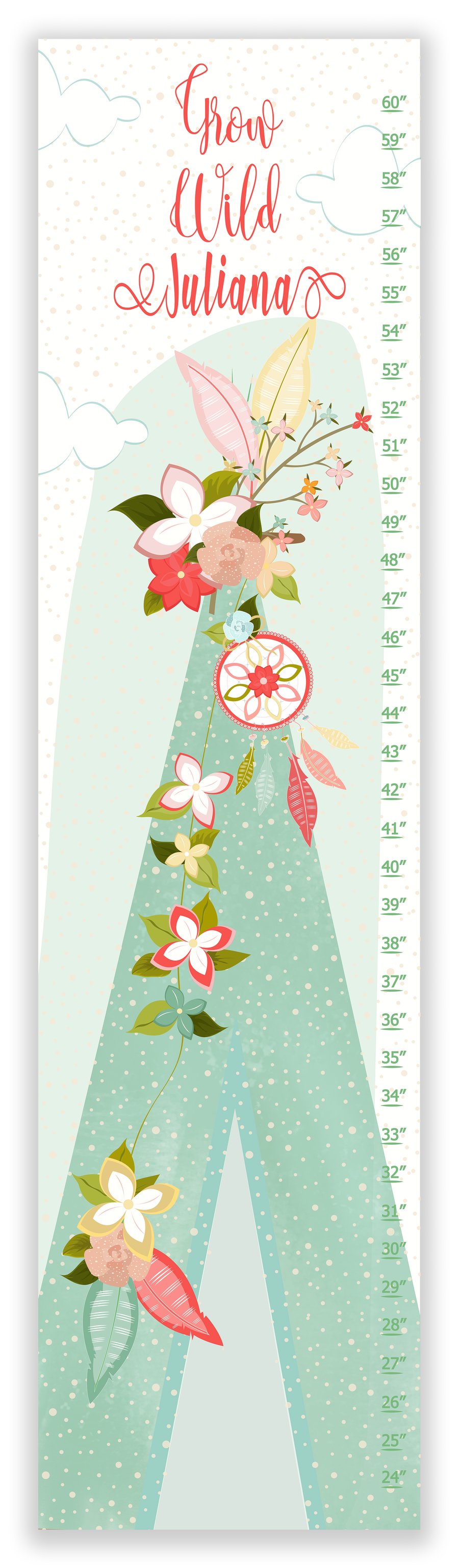 Image of Grow Wild Floral Boho TeePee - Personalized Mint and Blush Canvas Growth Chart