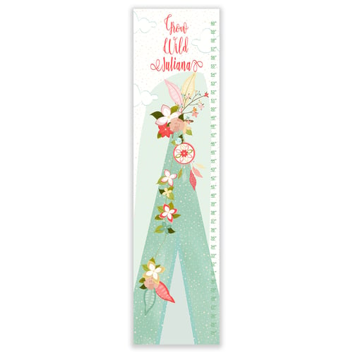 Image of Grow Wild Floral Boho TeePee - Personalized Mint and Blush Canvas Growth Chart