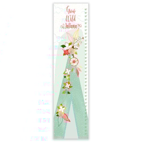 Image of Grow Wild Floral Boho TeePee - Personalized Mint and Blush Canvas Growth Chart