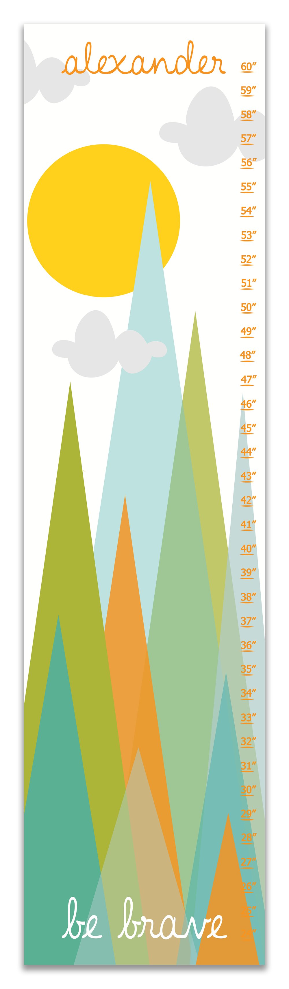 Image of Be Brave Modern Minimal Mountains - Personalized Orange and Green Canvas Growth Chart