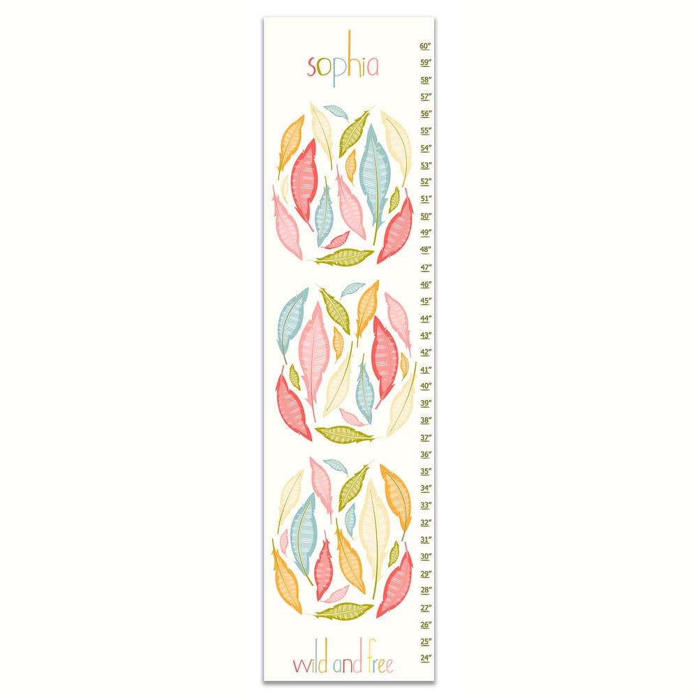 Image of Wild and Free Feathers - Personalized Pink Girl's Canvas Growth Chart