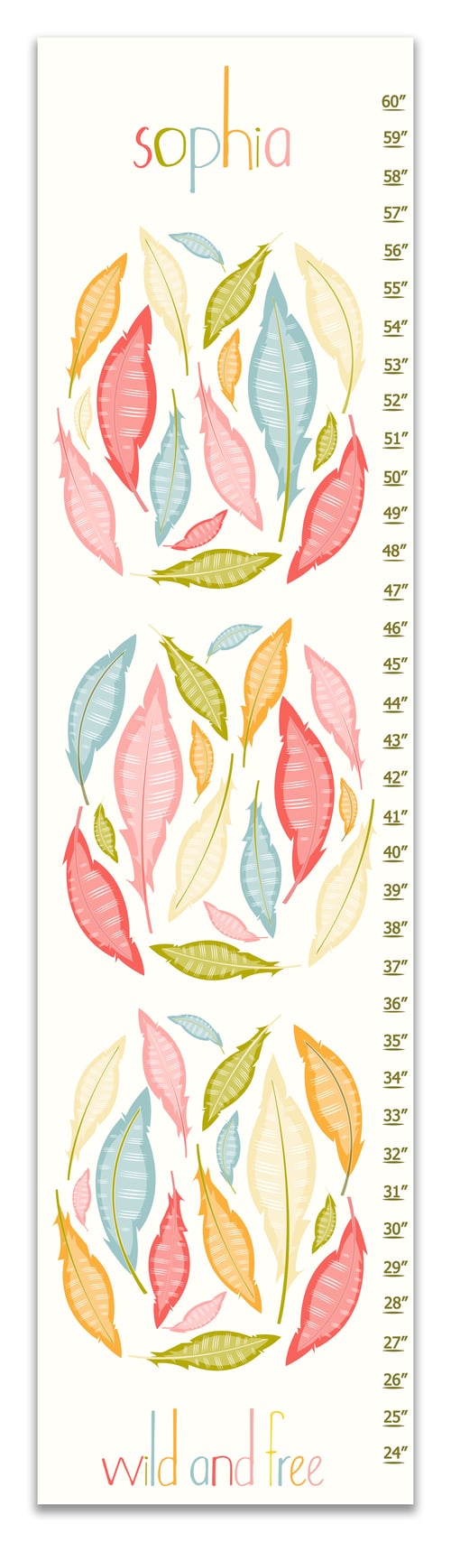 Image of Wild and Free Feathers - Personalized Pink Girl's Canvas Growth Chart