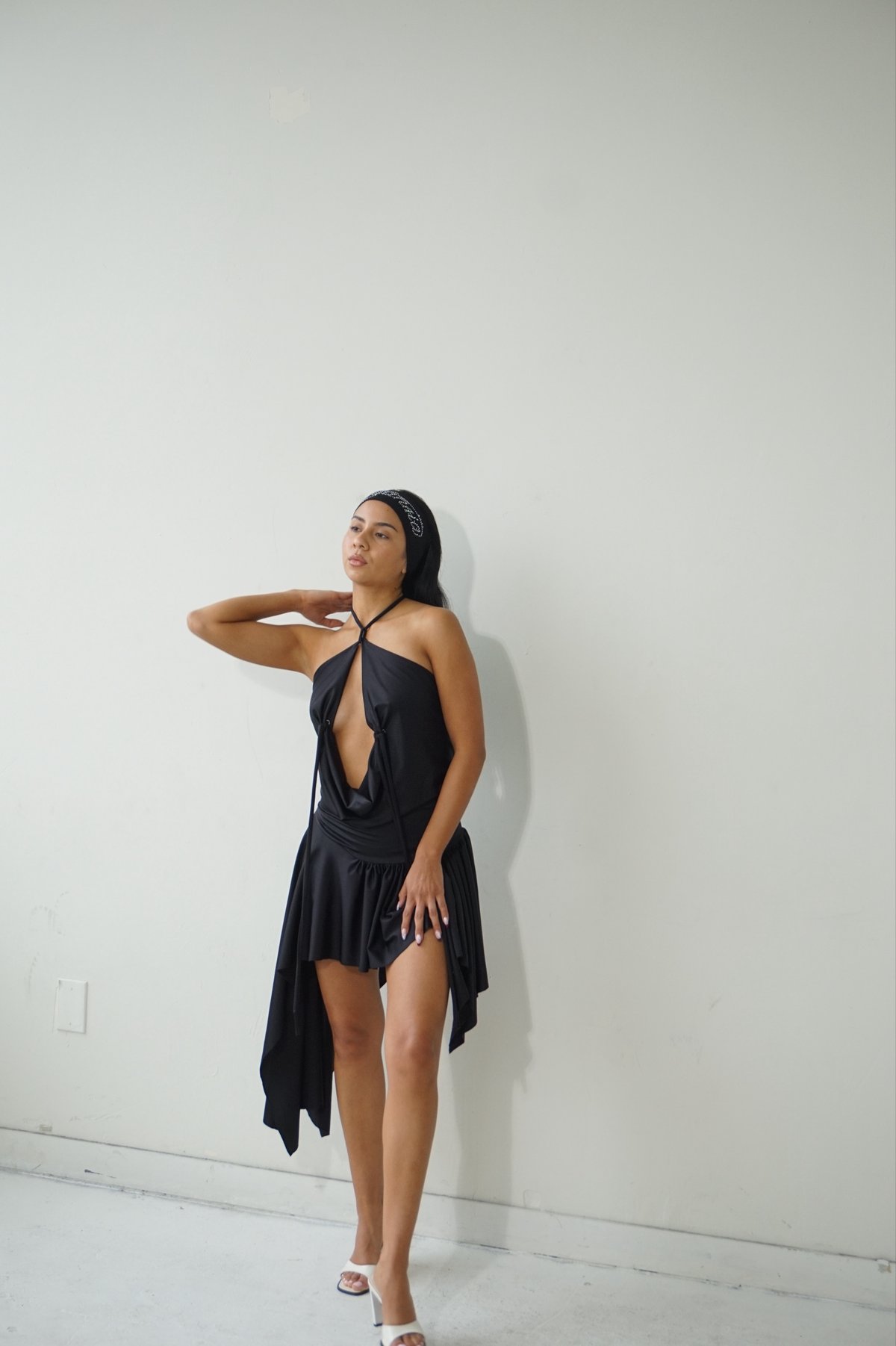 Image of BLACK / frilled asymmetric dress