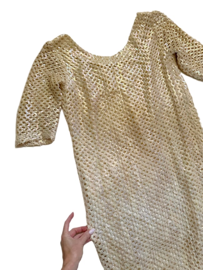 late 60s plunging low back champagne sequin crochet maxi dress